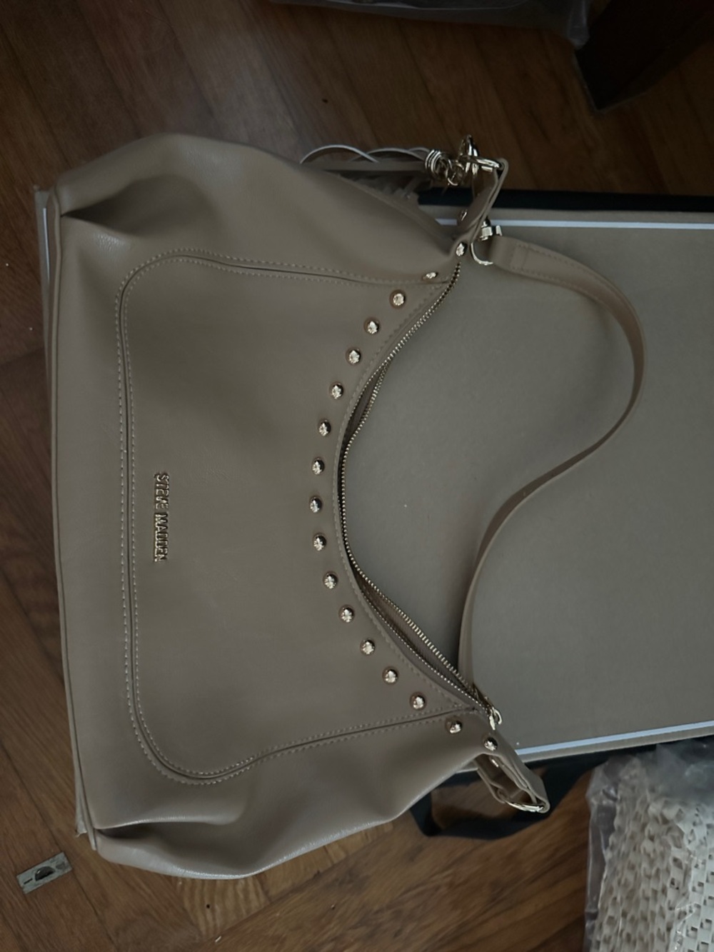 Steve Madden Taupe Studded Shoulder Bag with Gold Hardware